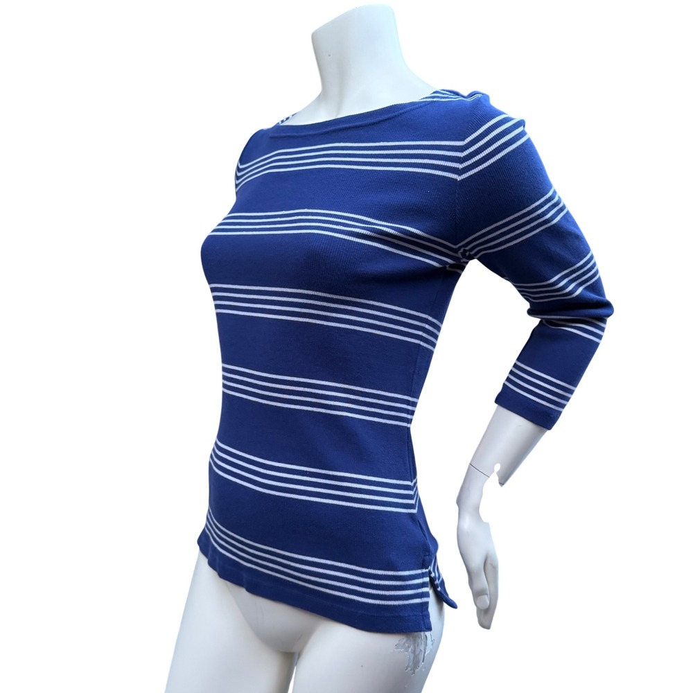 Denver Hayes Navy Blue White Striped Ribbed Boat Neck Nautical Preppy M‎